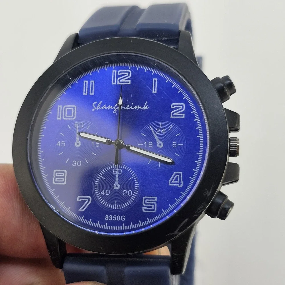 Men's Analog Watch 40MM Blue Dial Black Case Blue Plastic Bands New Battery